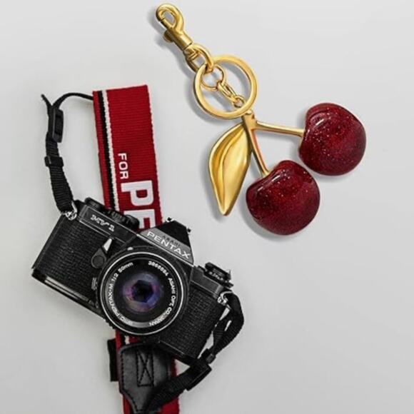 Cherry Bag Charm & Key Ring NEW Red Sparkly Cherries with Goldtone Hardware - Picture 7 of 7